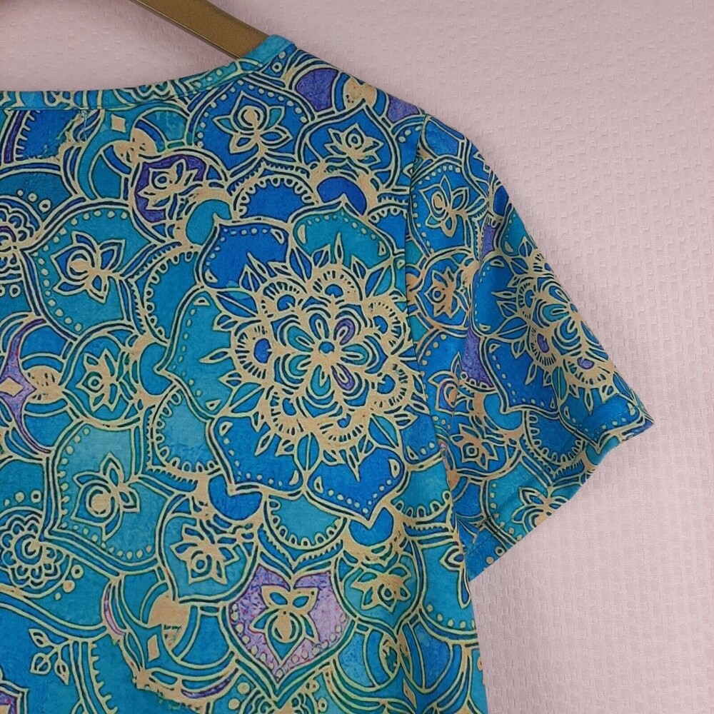 Misslook Women T Shirt Blue Floral Top Zip V Neck Short Sleeve Cotton Blend Sz S - Picture 11 of 12
